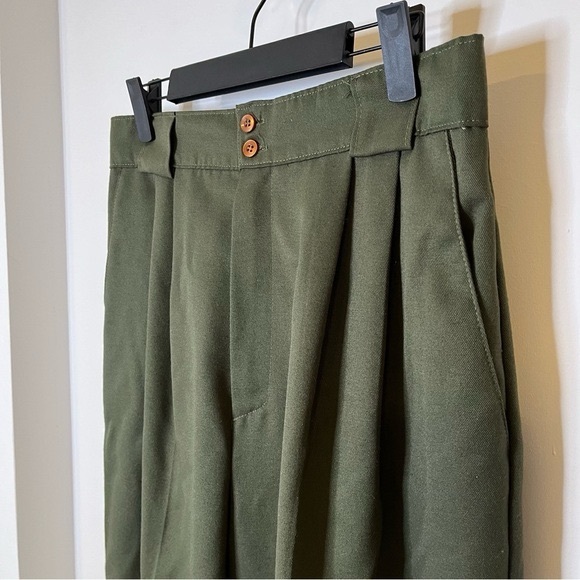 VINTAGE Olive Khaki Green Trousers Pleated Tapered Carrot Relaxed Fit Pants 8 10 - Picture 3 of 14